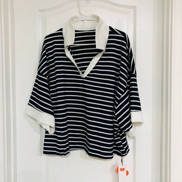 Cider Contrast Striped Collared Short Sleeve Tee Women's Top‎ Blue White 4XL NWT - Picture 2 of 7